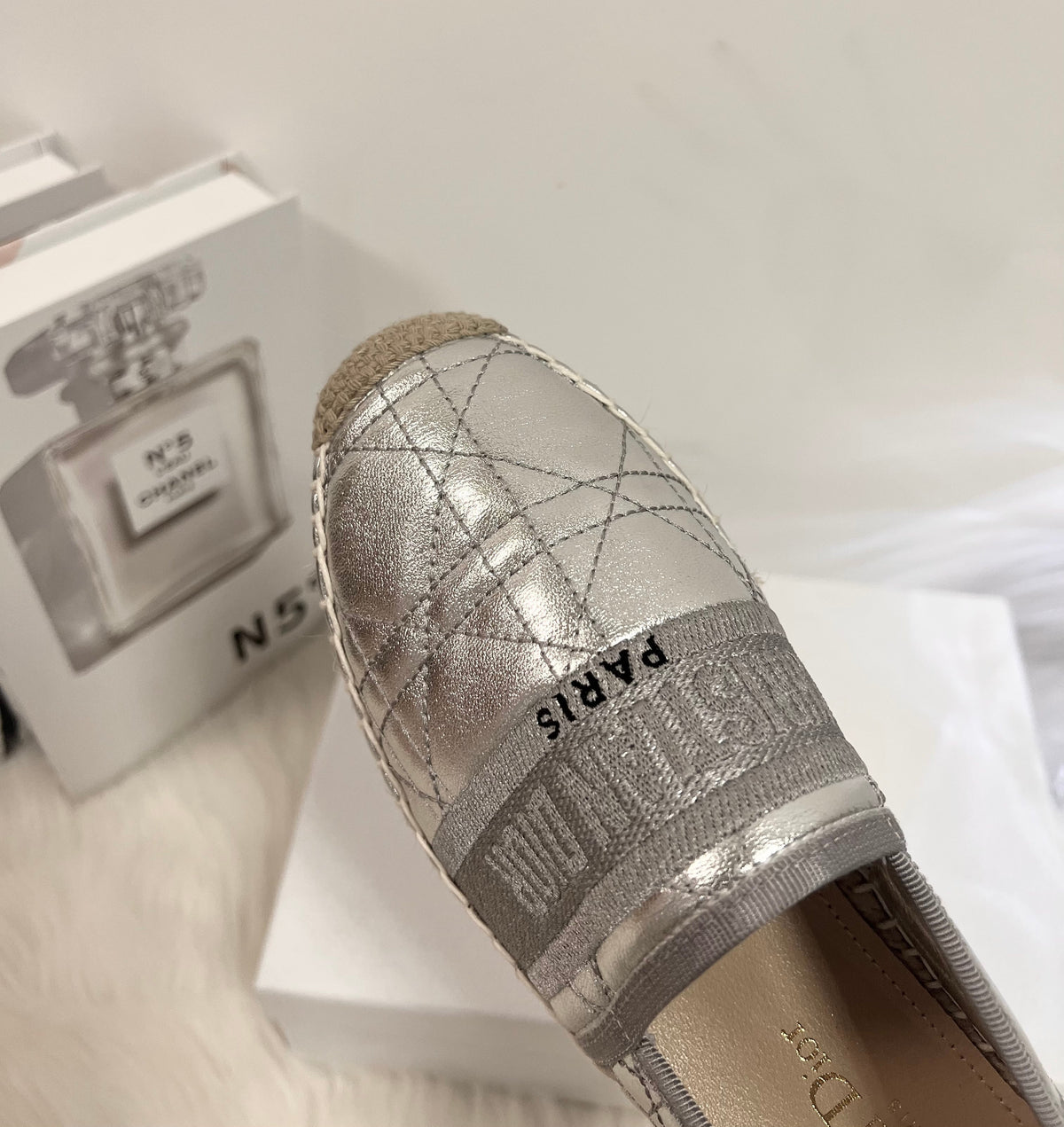 DIOR GRANVILLE ESPADRILLE SILVER QUILTED CANNAGE CALFSKIN