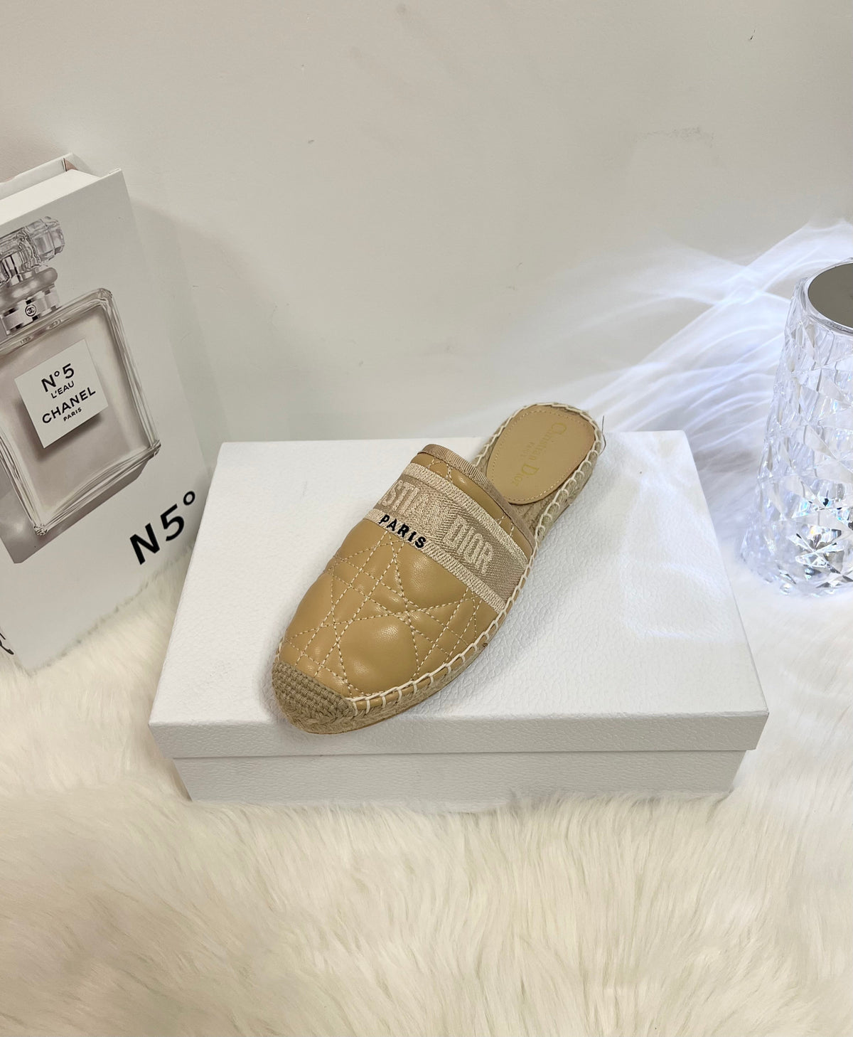 DIOR GRANVILLE ESPADRILLE MULE CAMEL BEIGE QUILTED CANNAGE CALFSKIN