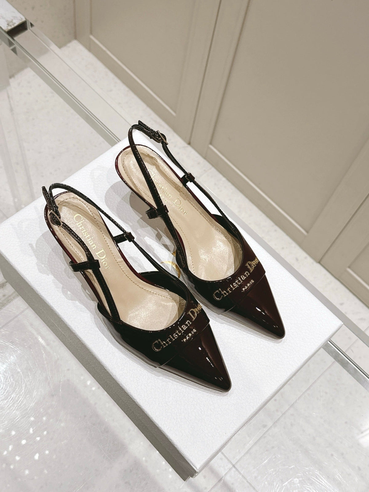 DIOR MY DD 25S SLINGBACK PUMP 50MM IN BURGUNDY RED GLOSSY CALFSKIN