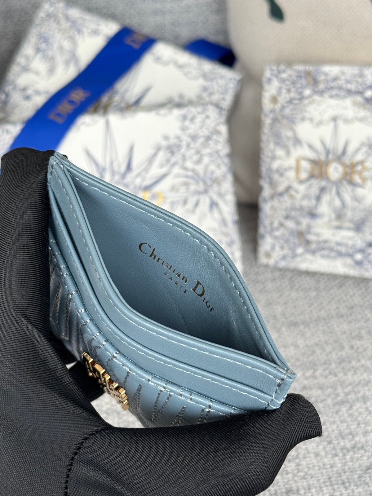 DIOR FREESIA CARD HOLDER 10 IN BABY BLUE QUILTED ALLOVER CALFSKIN