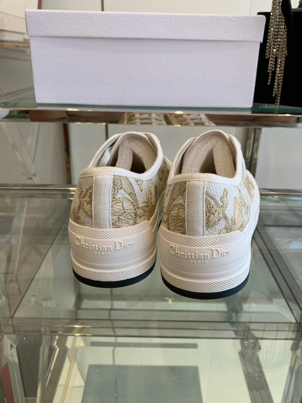 DIOR WALK'N PLATFORM SNEAKER IN WHITE-GOLD TONE EMBROIDERED FABRIC